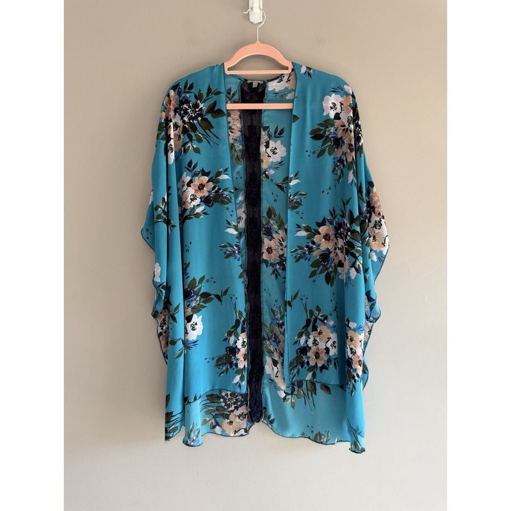 Floral Kimono Cardigan Lace Crochet Sheer Cottage Beach Boho Open Front Duster M - Picture 2 of 15